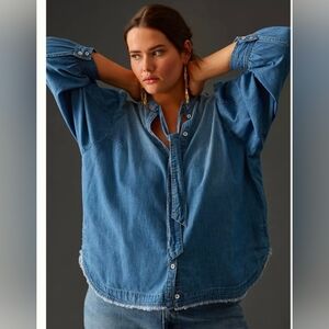 Pilcro Anthropologie Tie-Neck Jean Raw Hem Blouse